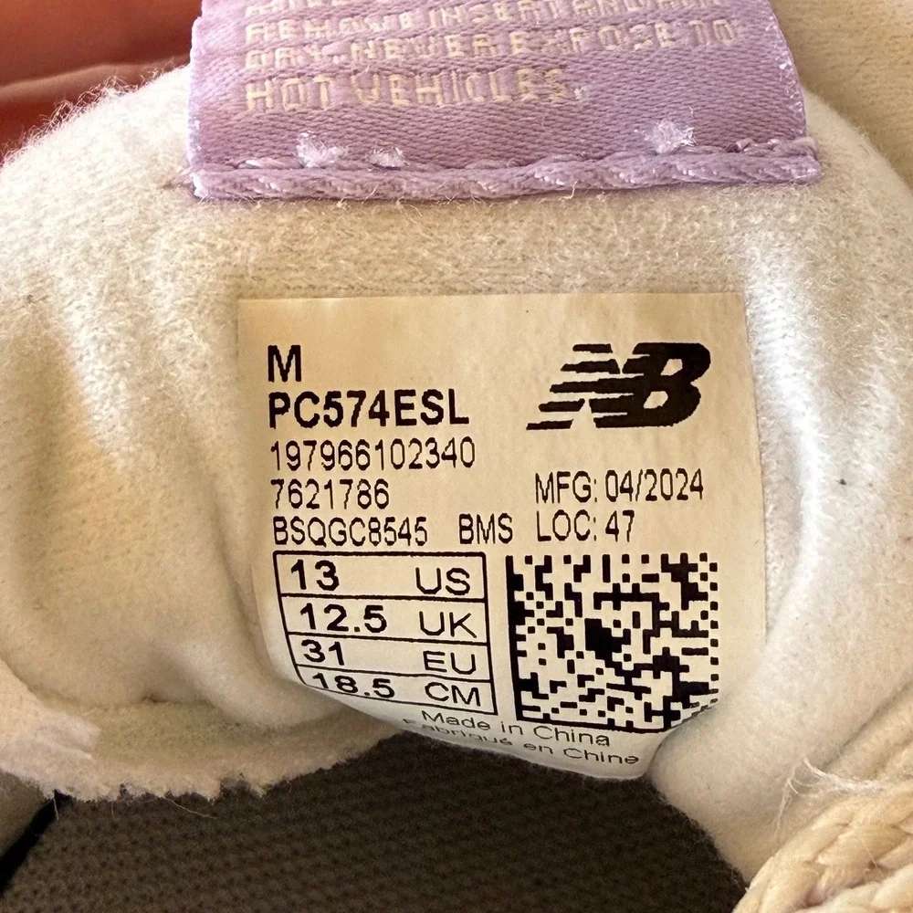 New Balance 574 Kids Lilac Glow Suede Sneakers PC574ESL Size 13